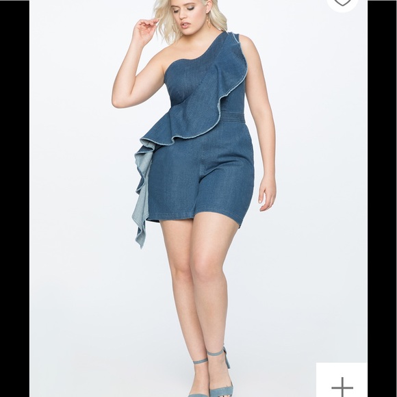 Eloquii Pants - Denim Romper with Asymmetrical Ruffle